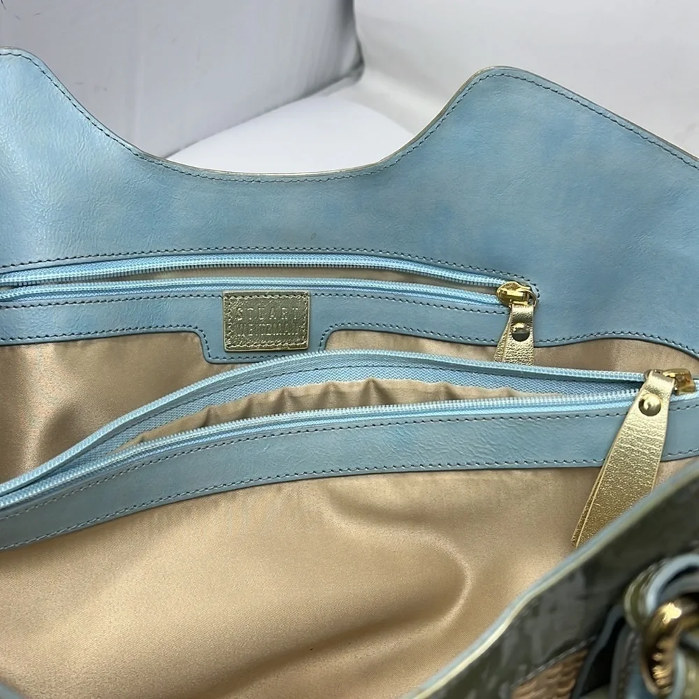 Stuart Weitzman Patent Leather and Raffia Woven Satchel w/ crossbody strap
